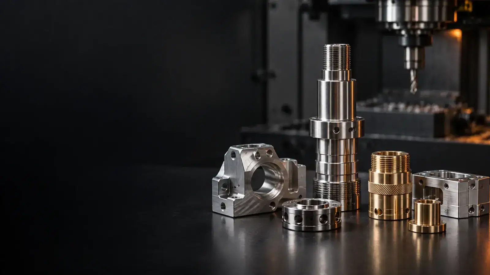 Machined brass and steel components on a workbench in front of a milling machine