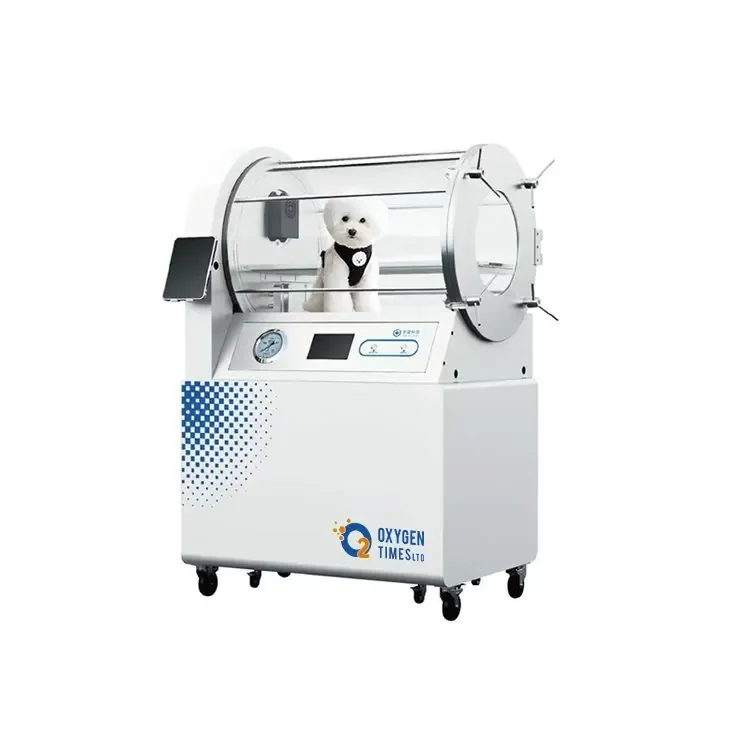 OTP500 veterinary hyperbaric chamber with a dog inside the observation window