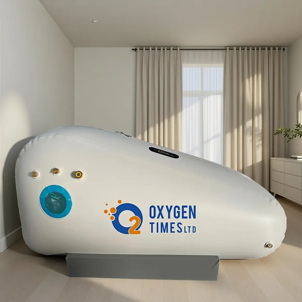 주거 공간에 설치된 Oxygen Times 소프트셸 좌식 고압산소 챔버