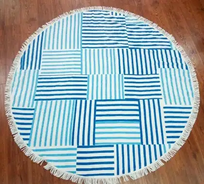 Dark and Light Blue Stripes Microfiber Round Beach Towel with Tassels