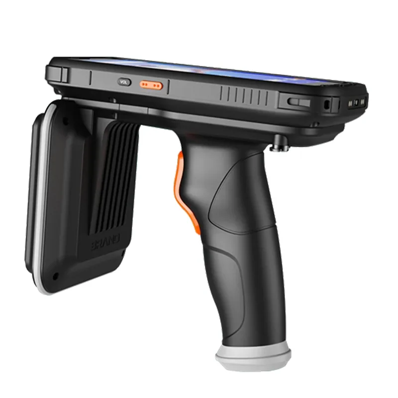 قارئ RFID محمول بتقنية UHF من طراز RBC-PDA47-UHF باللون الأبيض بهوائي دائري كبير، منظر أمامي