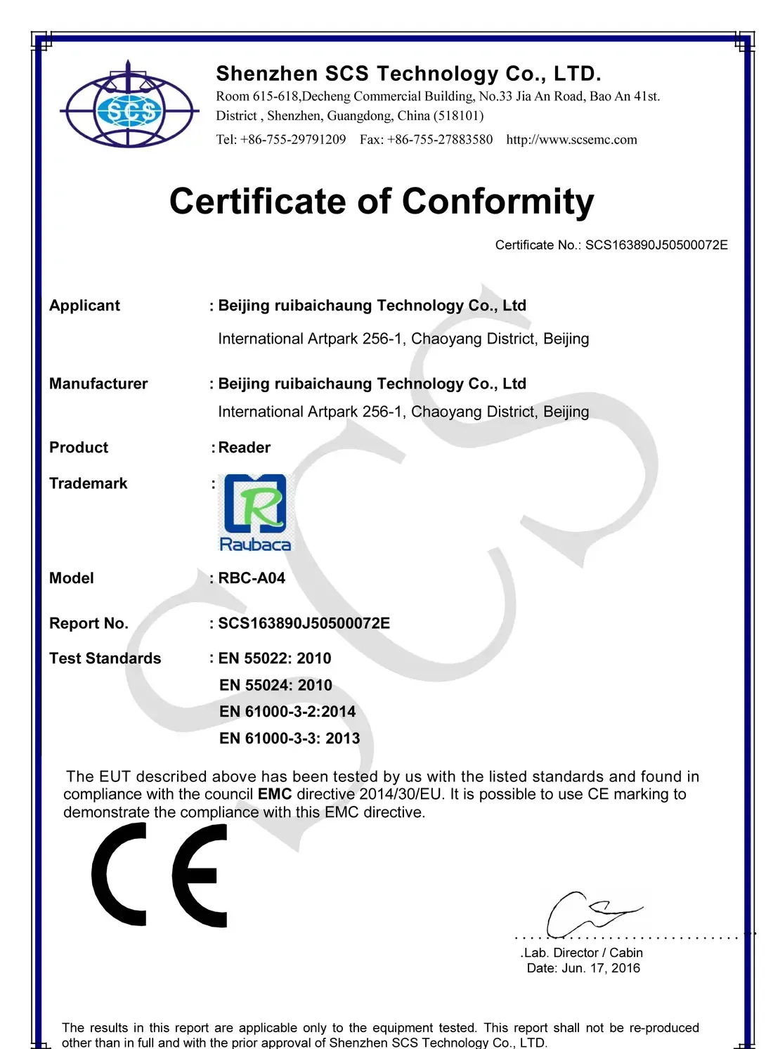 CE Certificate for RBC-A04