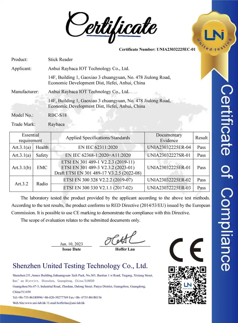 CE RED Test Certificate for RBC-S18