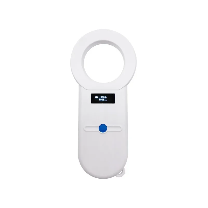 RBC-RT03 Mini Pets Reader in hand with high-brightness OLED display visible