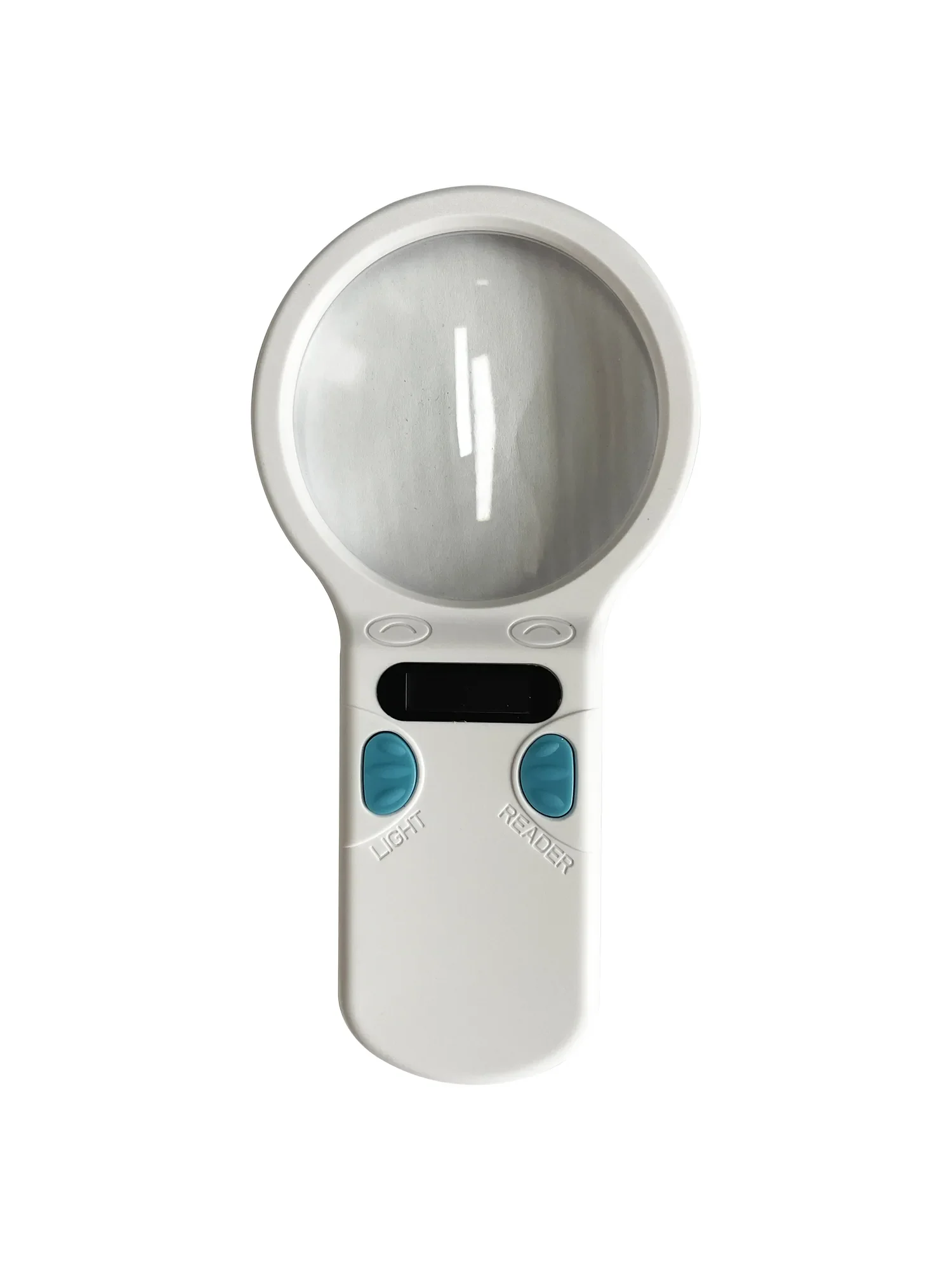 버튼 4개와 OLED 화면을 갖춘 검은색 RBC-S20-Mini 휴대용 RFID 리더기(흰 배경)