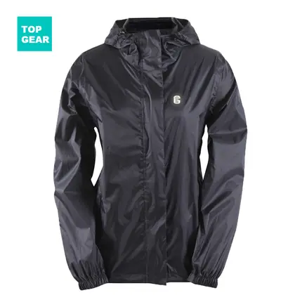 Women's packable rain jacket with connected hood view 1
